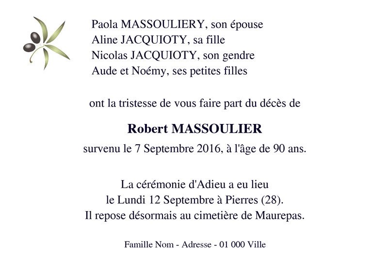 Faire-part de décès "olive"