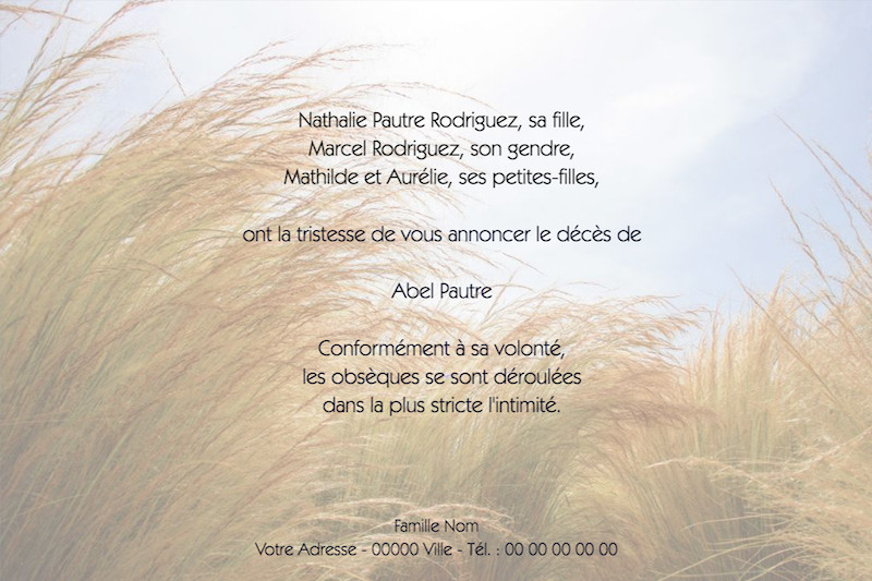 Faire-part de décès "au vent"