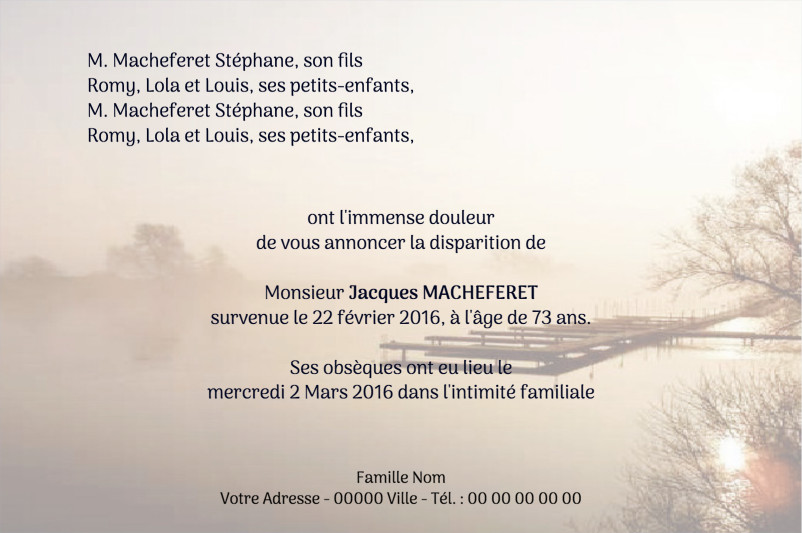Faire-part de décès "Etang"